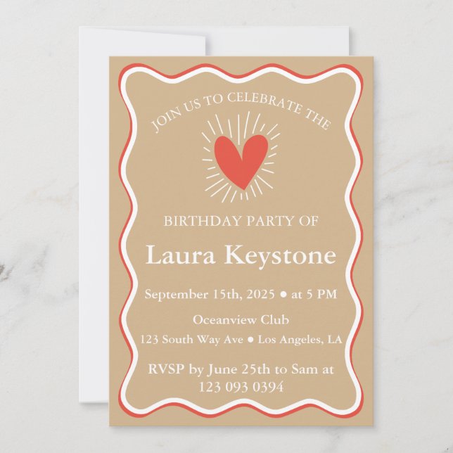 Wavy Terracotta, Tan & White Birthday Invitation (Front)