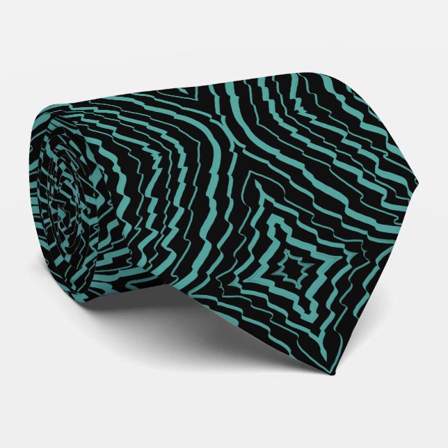 Wavy Tilted Ribbon Pattern With Teal On Black      Tie (Rolled)