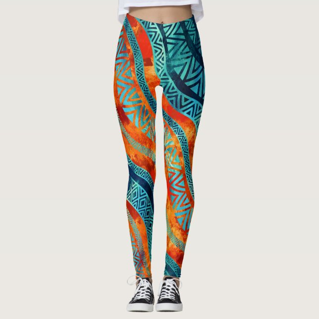 Wavy Tribal  Ethnic Boho Pattern Leggings (Front)
