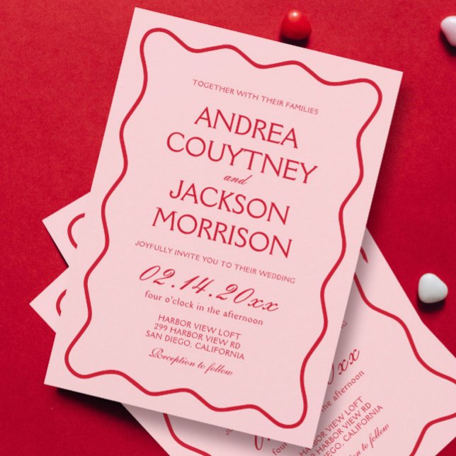 Wavy Valentine Red and Pink Wedding Invitation (Creator Uploaded)