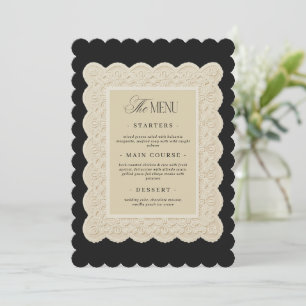 Wavy Vintage Black & Ivory Lace Wedding Menu Card