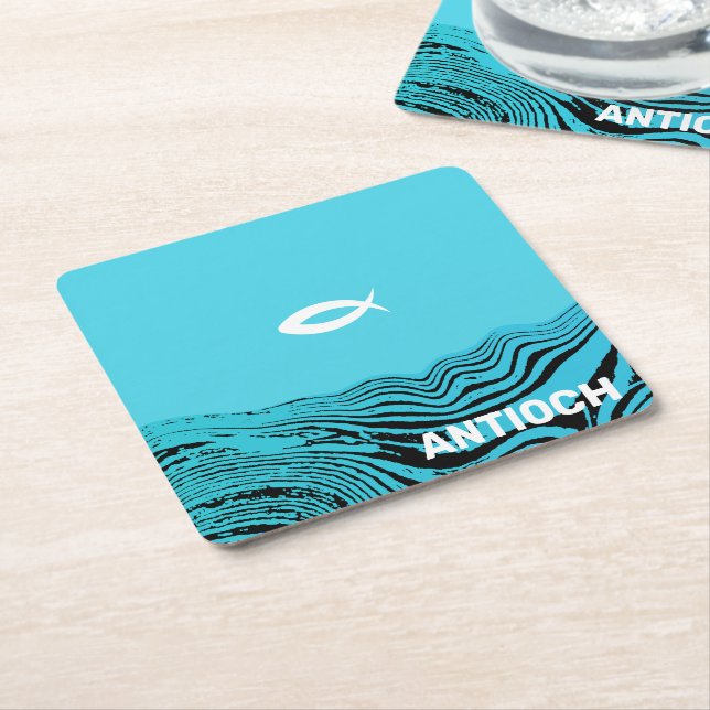 Wavy Waters Jesus Fish Square Paper Coaster (Angled)