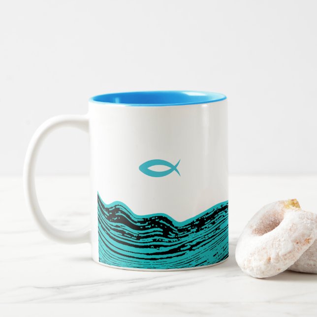Wavy Waters Jesus Fish Two-Tone Coffee Mug (With Donut)