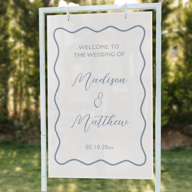 Wavy White and Dusty Blue Wedding Welcome Acrylic Sign (Creator Uploaded)