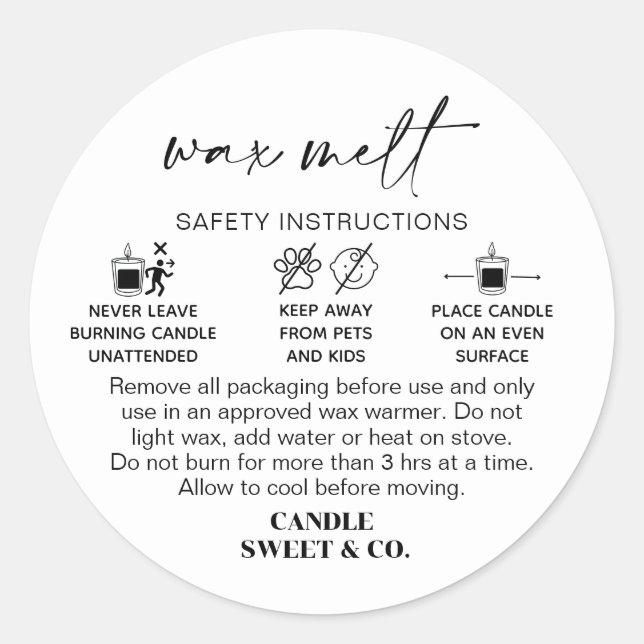 Wax Melt Warning |  Candle Burning Instructions Classic Round Sticker (Front)