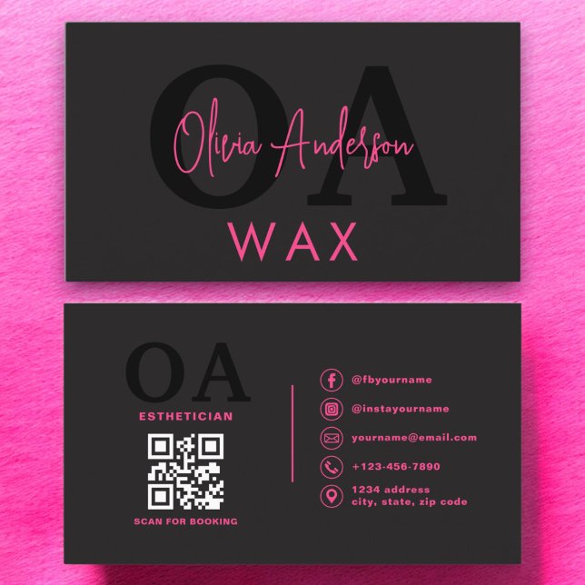Wax Specialist Aesthetician QR Code Hot Pink Black Business Card (Creator Uploaded)