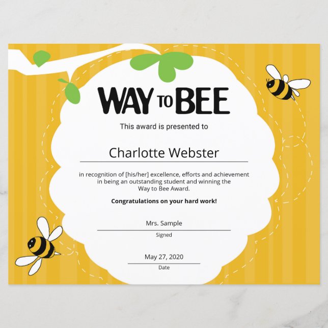 Way to Bee Certificate Student Recognition Award (Front)