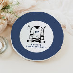 WAYNE Hockey Player Sport Themed Boy Birthday Paper Plate<br><div class="desc">This birthday paper plate features hockey themed sticks and jersey with a fun blue and white colour combination. Pair with anything in the WAYNE Collection for a cohesive look.</div>