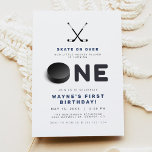 WAYNE Hockey Sport Themed Photo First Birthday Invitation<br><div class="desc">This first birthday invitation features hockey themed sticks and puck with a fun blue and white colour combination and optional photo backside for a personal touch. Pair with anything in the WAYNE Collection for a cohesive look.</div>