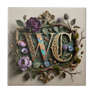 WC Monogram Antique Floral Gold Plaque Tile