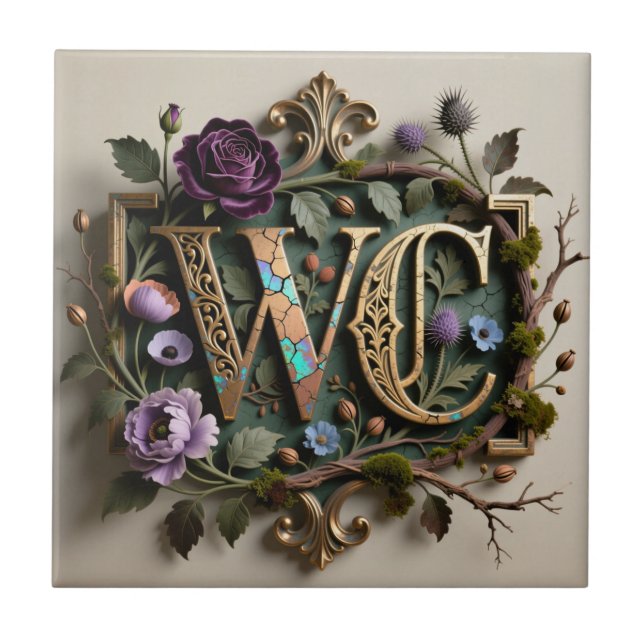 WC Monogram Antique Floral Gold Plaque Tile (Front)