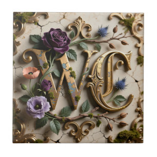 WC Monogram Antique Floral Gold Sign Tile