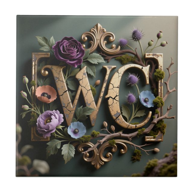 WC Monogram Framed Antique Floral Sign Tile (Front)