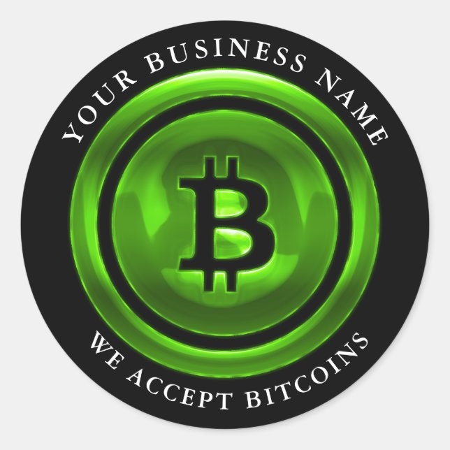 We Accept Bitcoin Symbol Logo Business Name Green Classic Round Sticker (Front)