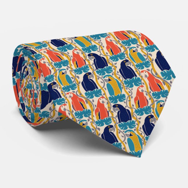 We All Caw For Macaws Tropical Bird Pattern Tie (Rolled)