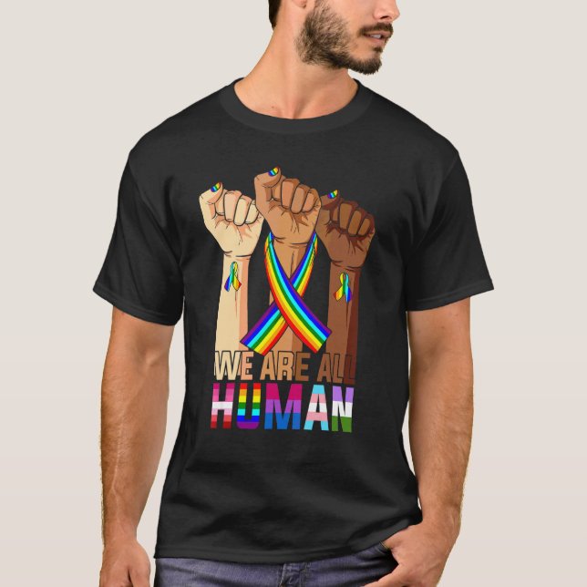 We Are All Human Pride Ally Rainbow Ribbon Lgbt Fl T-Shirt (Front)