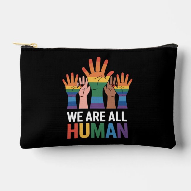 We Are All Human Rainbow LGBTQ Pride Raising Hands Accessory Pouch (Front)