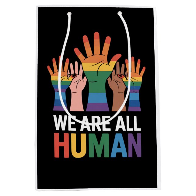 We Are All Human Rainbow LGBTQ Pride Raising Hands Medium Gift Bag (Front)