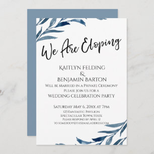 We Are Eloping Blue Painted Leaves Reception-Only Invitation