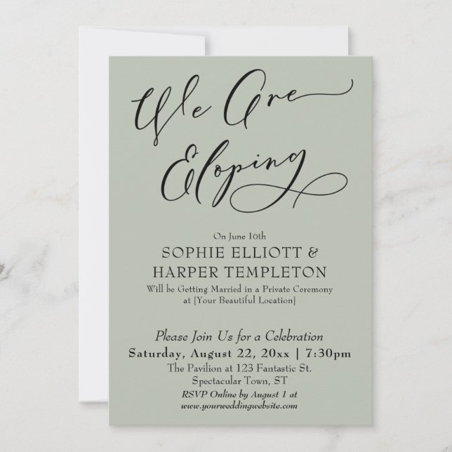 We Are Eloping, Simple Elegant Sage Celebration Invitation (Front)