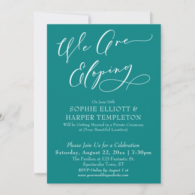 We Are Eloping, Simple Teal Celebration Invitation (Front)