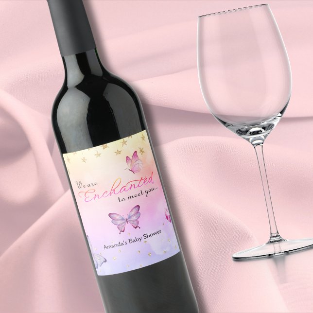 We Are Enchanted To Meet You Butterfly Baby Shower Wine Label (Creator Uploaded)