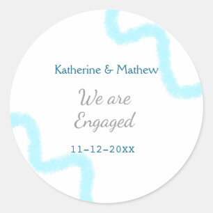 We are engaged blue grey watercolor spiral stylish classic round sticker