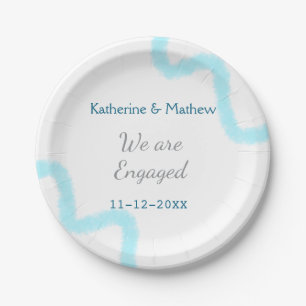 We are engaged blue grey watercolor spiral stylish paper plate