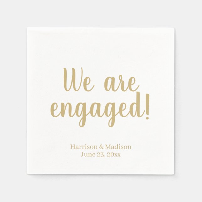 We are engaged gold custom script names date chic napkin (Front)