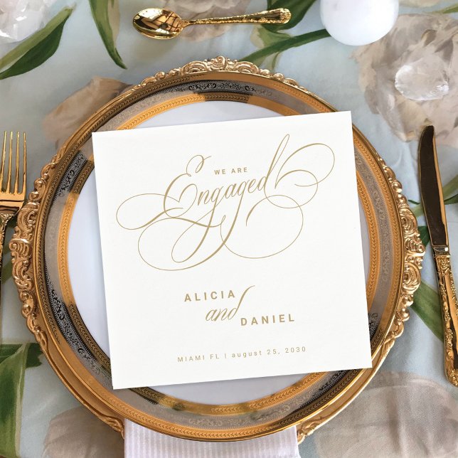We are engaged gold engagement party napkin (Creator Uploaded)