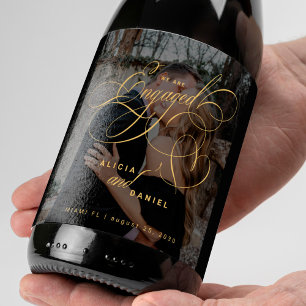 We are engaged gold script photo engagement party wine label