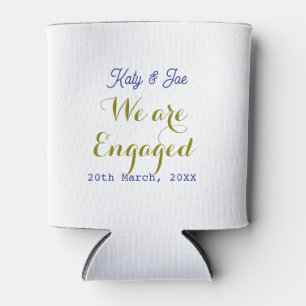 We are Engaged purple gold name date elegant simpl Can Cooler