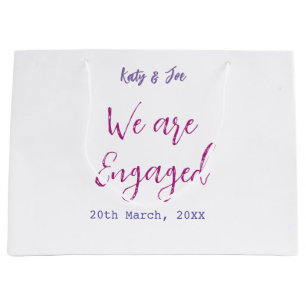 We are Engaged purple pink name date elegant simpl Large Gift Bag