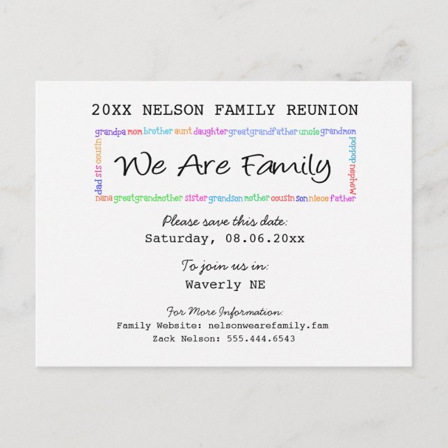 We Are Family Reunion or Party Save the Date Announcement Postcard (Front)