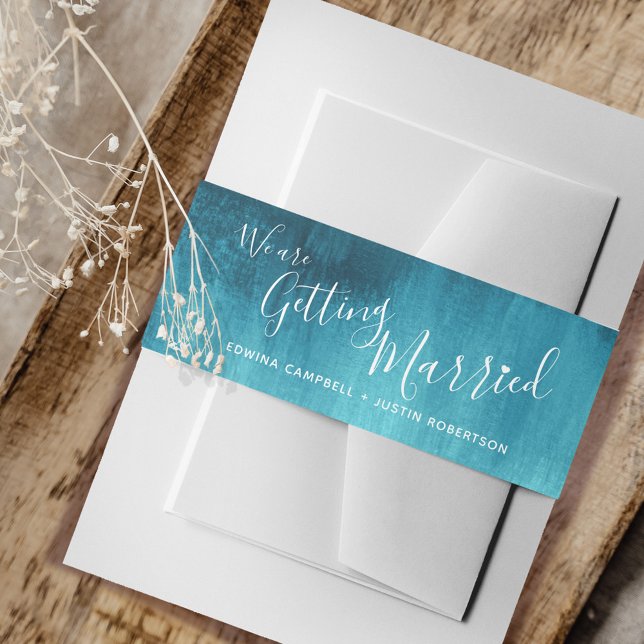 We are getting married aqua teal abstract art invitation belly band (Creator Uploaded)