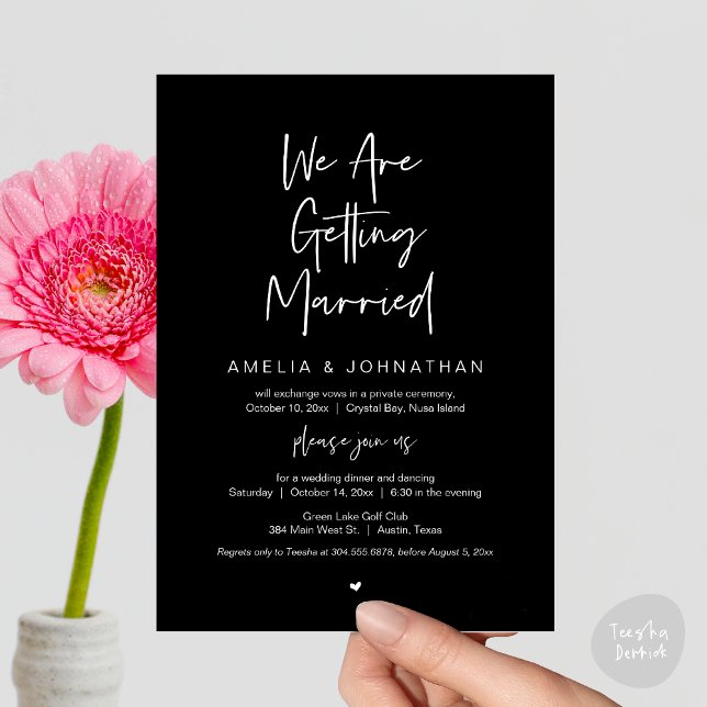 We are getting married, Elopement Dinner Dancing Invitation (We are getting married, Elopement Dinner Dancing Lunch Brunch Invitation Card, PDF, Classy Black)