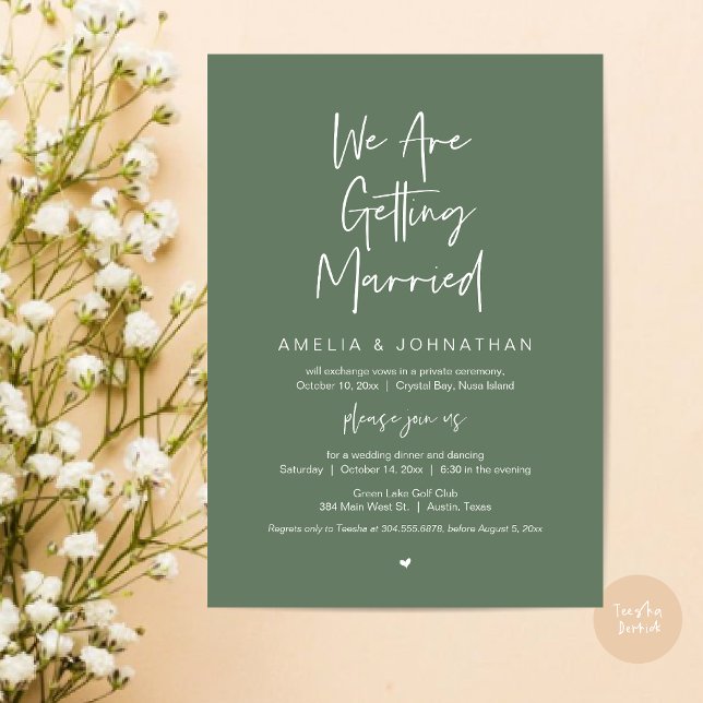 We are getting married, Elopement Dinner Dancing Invitation (We are getting married, Elopement Dinner Dancing Lunch Brunch Invitation Card, PDF, Greenery sage )