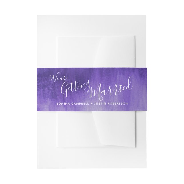 We are getting married purple abstract art wedding invitation belly band (Front Example)