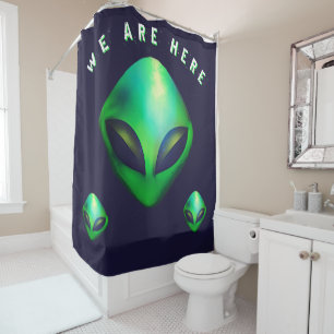 "We Are Here" Green Alien head Shower Curtain