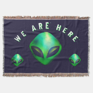 "We Are Here" Green Alien head Throw Blanket