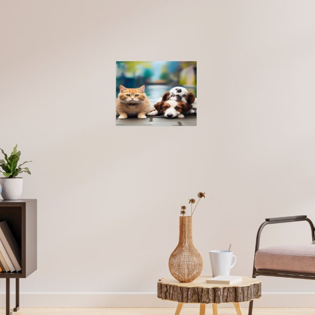 We are living together, Funny Cat+Dog Poster (Living Room 3)