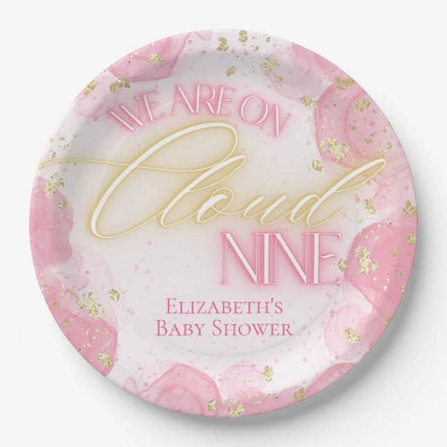 We Are on Cloud Nine 9 Pink Gold Girl Baby Shower Paper Plate (Front)