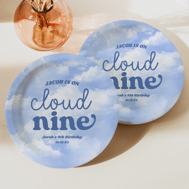 We Are On Cloud Nine Blue 9th Ninth Birthday Party Paper Plate (Creator Uploaded)