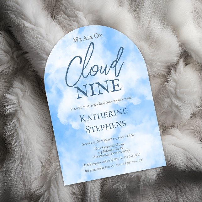 We Are On Cloud Nine Blue Boy Baby Shower Acrylic Invitations ("We Are On Cloud Nine" Clouds and Blue Sky Baby Shower Acrylic Invitation)
