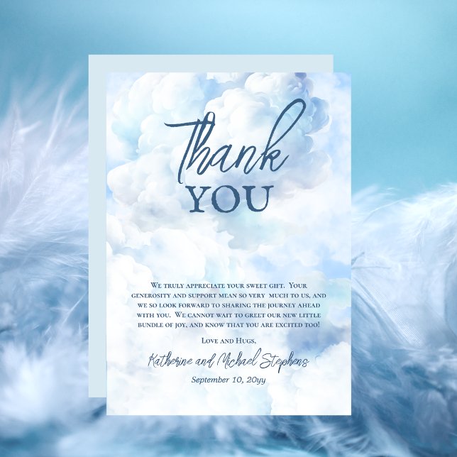 We Are On Cloud Nine Blue Boy Baby Shower Thank You Card (Blue Watercolor Boy Baby Shower Thank You Card - "We Are On Cloud Nine" Collection)