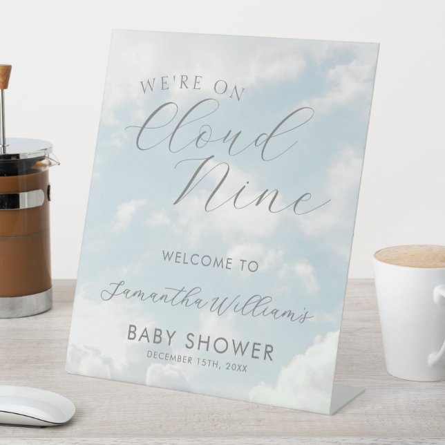 We Are On Cloud Nine Blue Clouds Baby Shower Pedestal Sign (In SItu)