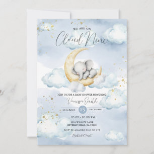 We Are On Cloud Nine Blue Elephant Baby Shower Invitation
