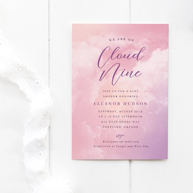 We are on Cloud Nine Dreamy Pastel Sky Baby Shower Invitation (cloud nine baby shower invitation template with dreamy pastel pink sky)