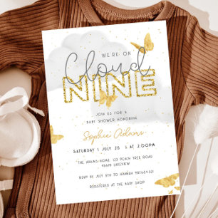 We Are On Cloud Nine Gold Butterflies Baby Shower Invitation