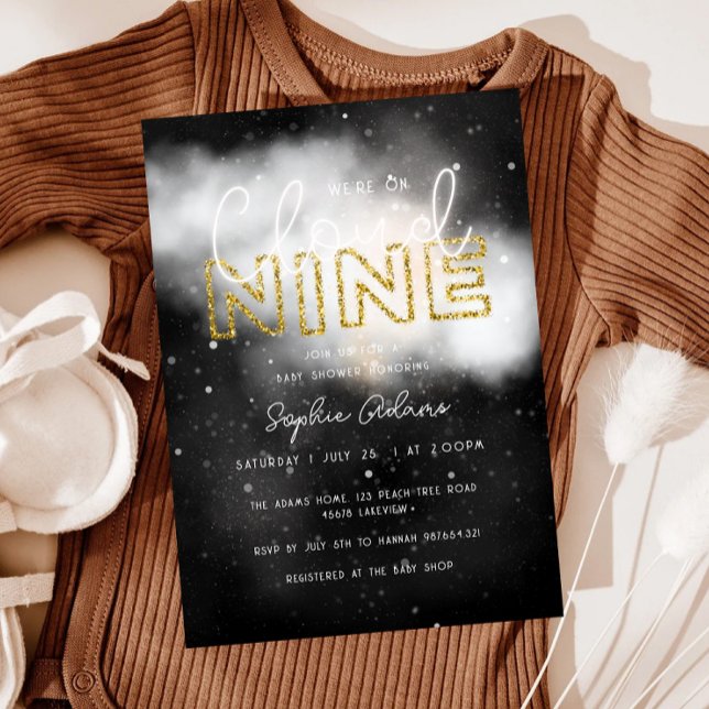 We Are On Cloud Nine Gold Dreamy Baby Shower Invitation (Creator Uploaded)